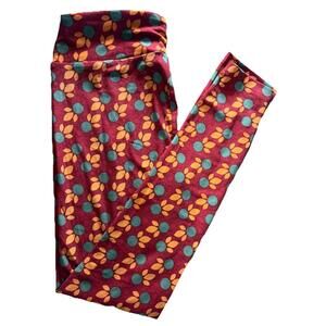 New LuLaRoe Red/Burgundy Leggings W/ Yellow/Orange Leaf Pattern Size OS (2-10)